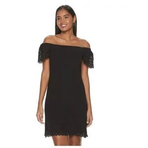 ELLE Dress S Women's Black Scalloped Short Sleeve Off-Shoulder Laser Cut Shift